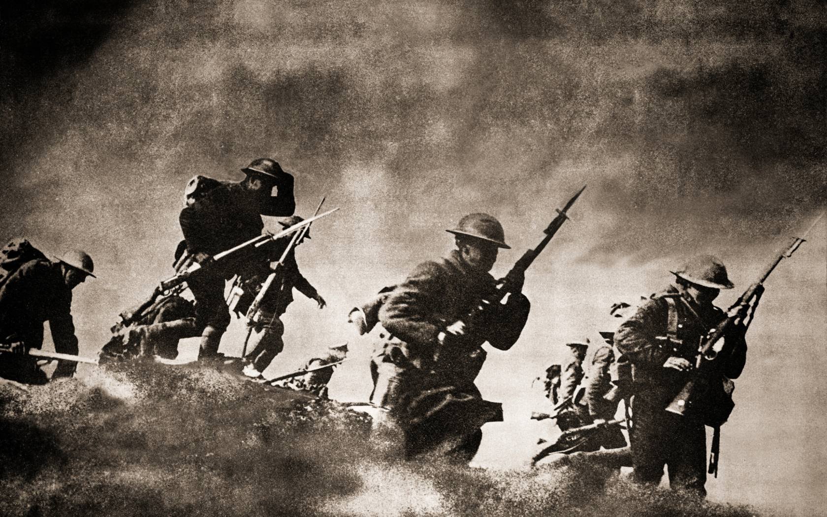 British soldiers going 'over the top' in the First World War.