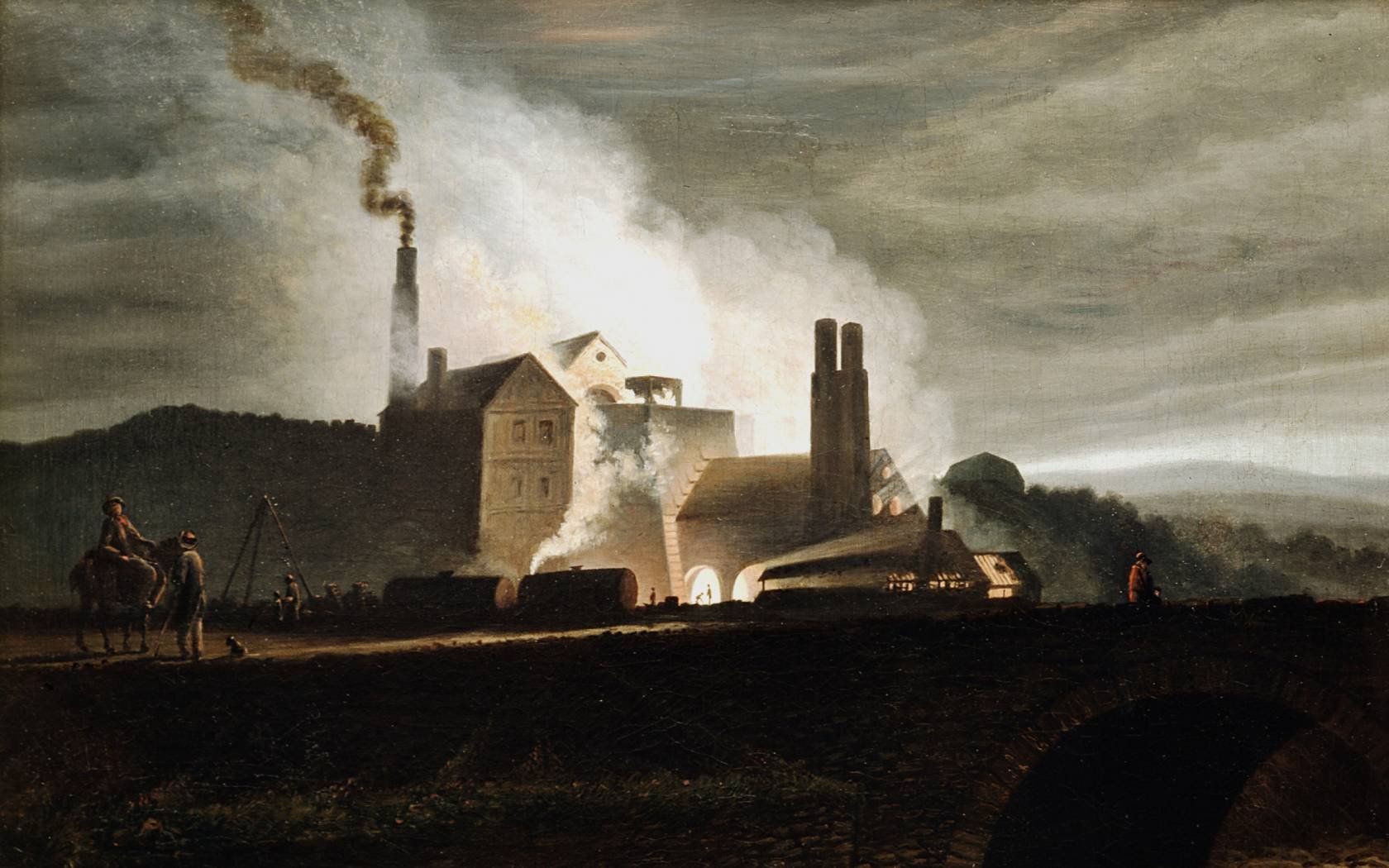 Eighteenth Century Ironworks at night.