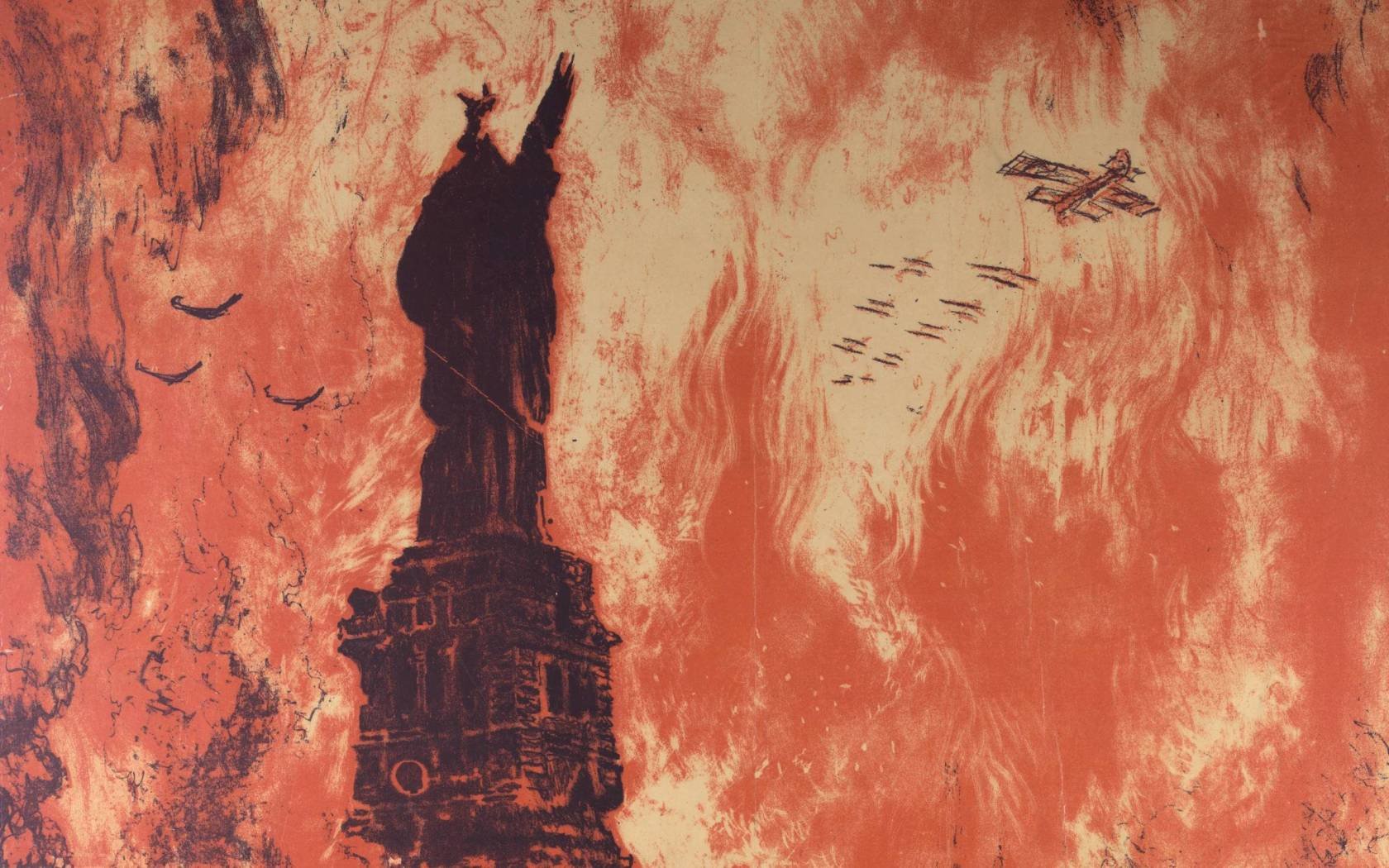 Poster showing the Statue of Liberty in ruins, and the New York skyline in flames. Published by Ketterlinus, Philadelphia. Color lithograph, 1918, 104×75 cm.