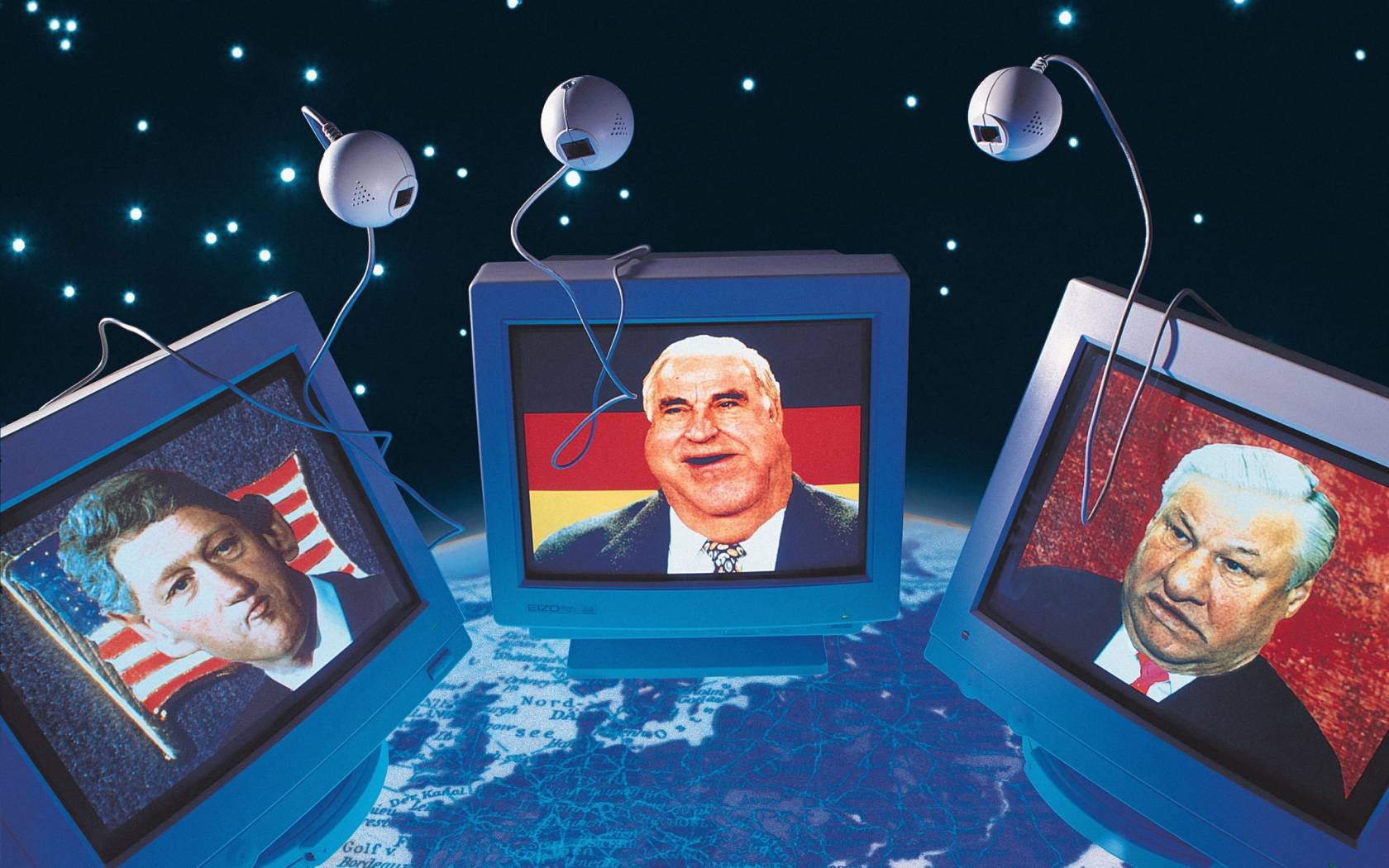 Depiction of a web conference between Helmut Kohl, Bill Clinton and Boris Yeltsin.